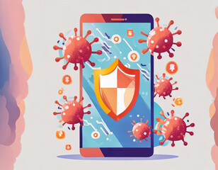 Smartphone with red viruses, shield icon, and system warning bubble. Concept of cyber security threat. Mobile phone hacking. Virus, malware, or ransomware attack. Flat cartoon vector