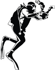Cartoon Black and White Isolated Illustration Vector Of A Scuba Diver Holding A Camera