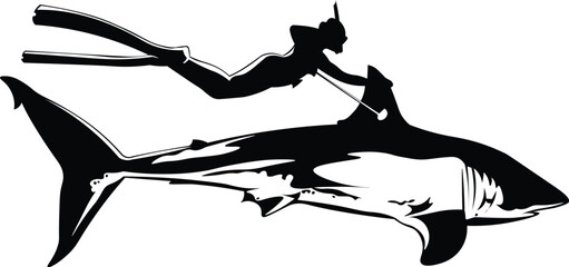 Cartoon Black and White Isolated Illustration Vector Of A Diver Swimming with A Shark