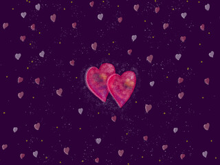 ilustracion de corazones rosas brillantes en fondo morado con pequeños corazones. bandera web, aniversario, san valentin. - obrazy, fototapety, plakaty