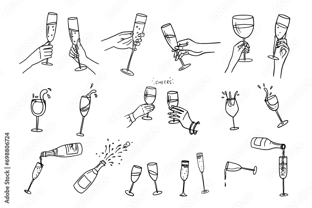 Wall mural cute set of hands with champagne glasses, wine glasses, champagne bottles and glasses. cheers. alcoh