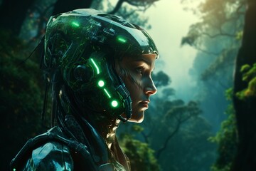 Futuristic cyborg with glowing face-screen gazes into a green cyberpunk landscape. 3D illustration. Generative AI