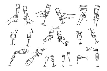 Cute set of hands with champagne glasses, wine glasses, champagne bottles and glasses. Cheers. Alcoholic drinks. Great for bar menu, banner, greeting card, holiday, wedding, celebration. Hand drawn - obrazy, fototapety, plakaty