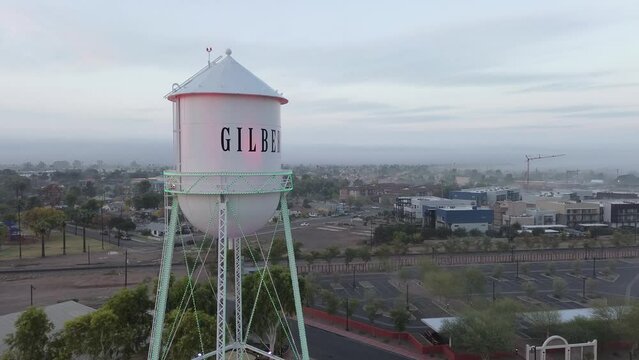 Gilbert Water Tower with Christmas Lights Green and Red. Gilbert Arizona, America, USA.