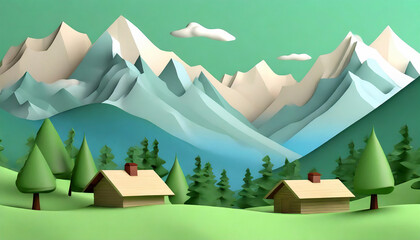 Alps travel retro poster, vintage banner. Mountain village of Austria, winter landscape of Switzerland. Flat vector illustration.