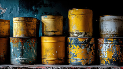 Group of Yellow and Blue Buckets on Shelf