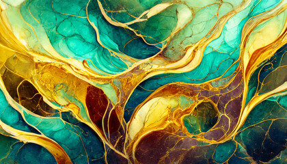 Artistic Colourful texture, Mixture of colours creating transparent waves and golden swirls, Multi coloured abstract decorative marble texture background for artwork - obrazy, fototapety, plakaty