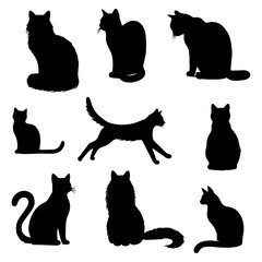 Vector illustration. Silhouettes of black cats. Set of animal stickers. Large set.