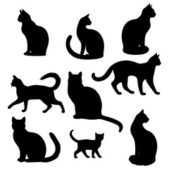 Vector illustration. Silhouettes of black cats. Set of animal stickers. Large set.