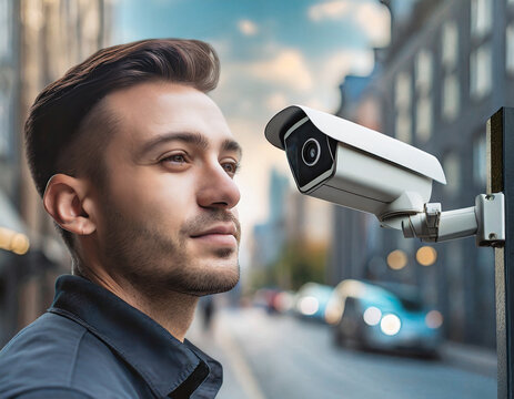 cctv city street security camera surveillance system for motion and face identity detection or recognition sensor, live monitoring and guard recording footage concept as wide banner copy space