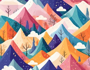 Fotobehang Bergen Colorful hand drawn landscape doodle seamless pattern. Nature mountain cartoon background. Outdoor environment wallpaper print, natural scenery texture