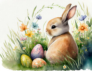 Cute little bunny from behind sitting in grass with flowers and Easter eggs, watercolour style with copy space