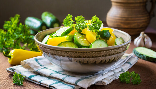 Fresh vegetable salad of green cucumber and yellow pepper in a bowl on a table with textiles