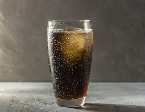 Glass with a dark colored carbonated drink on a gray background with drops of refreshing water on the table