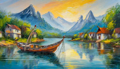 Hand Drawn Oil Painting on Canvas, Landscapes Traditional and Contemporary Art, Fishing Boat with Mountains cape Background, An Old Houses Built on a River - obrazy, fototapety, plakaty
