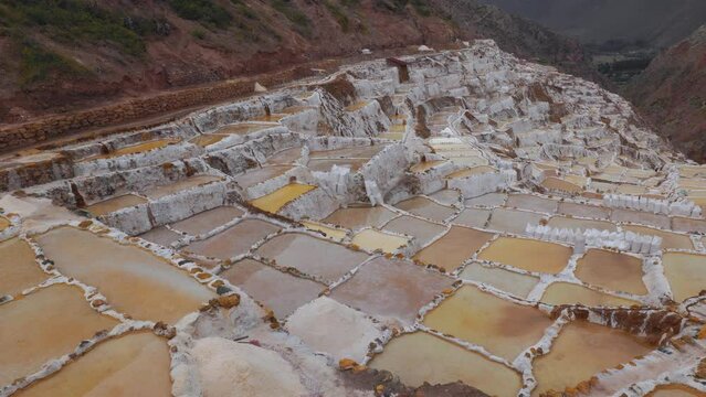 View of the natural salt pools in Las Salineras de Maras in the Sacred Valley of Cusco, Peru, South America.