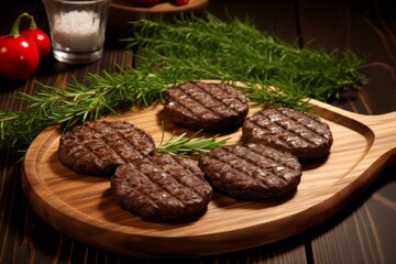 Juicy grilled meat burger patty on wooden board, ideal for food lovers and food photography