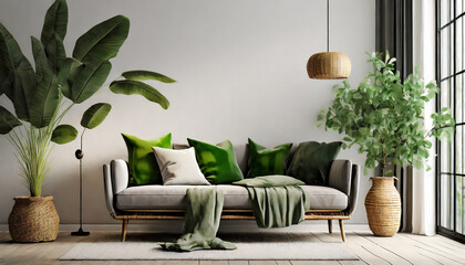 Living room interior with gray velvet sofa, pillows, green plaid, lamp and fiddle leaf tree in wicker basket on white wall background. 3D rendering. - obrazy, fototapety, plakaty