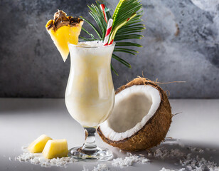 Pina colada cocktail with coconut on white background