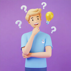Portrait of cartoon thinking man in blue t-shirt over white background.
