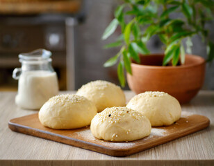 Fototapeta na wymiar raw yeast dough buns with sesame seeds in the kitchen