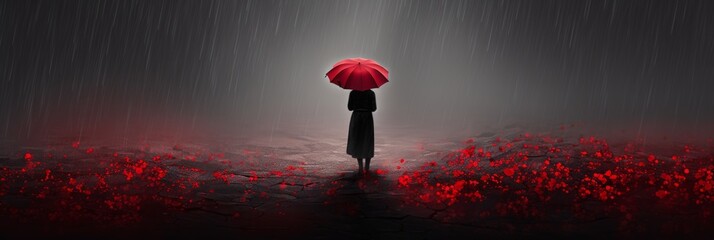 Gorgeous woman with red umbrella in rain, generous copy space for your text or design - obrazy, fototapety, plakaty