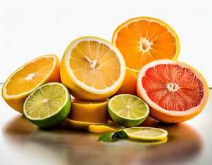 Studio shot sliced citrus fruits for juice isolated on white