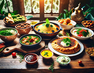 Traditional Middle Eastern Cuisine A Variety of Dishes on a Wooden Table, ai generative