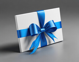 Blank white gift card with blue ribbon bow isolated on gray background with shadow minimal concept 3D rendering