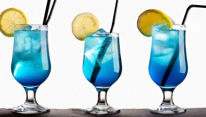 Blue lagoon cocktail with slice of lemon with straw isolated on white