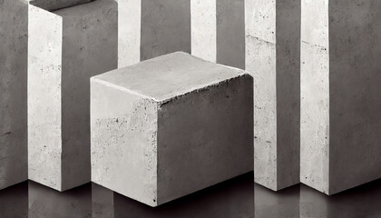 Concrete cube or construction brick near wall background texture. Abstract art or construction concept