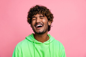 Photo portrait of funny young happy guy laughing when his friend joking humor at stand up show...