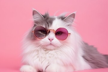 Portrait of a funny cute gray and white fluffy cat in sunny pink glasses lying on a pink background