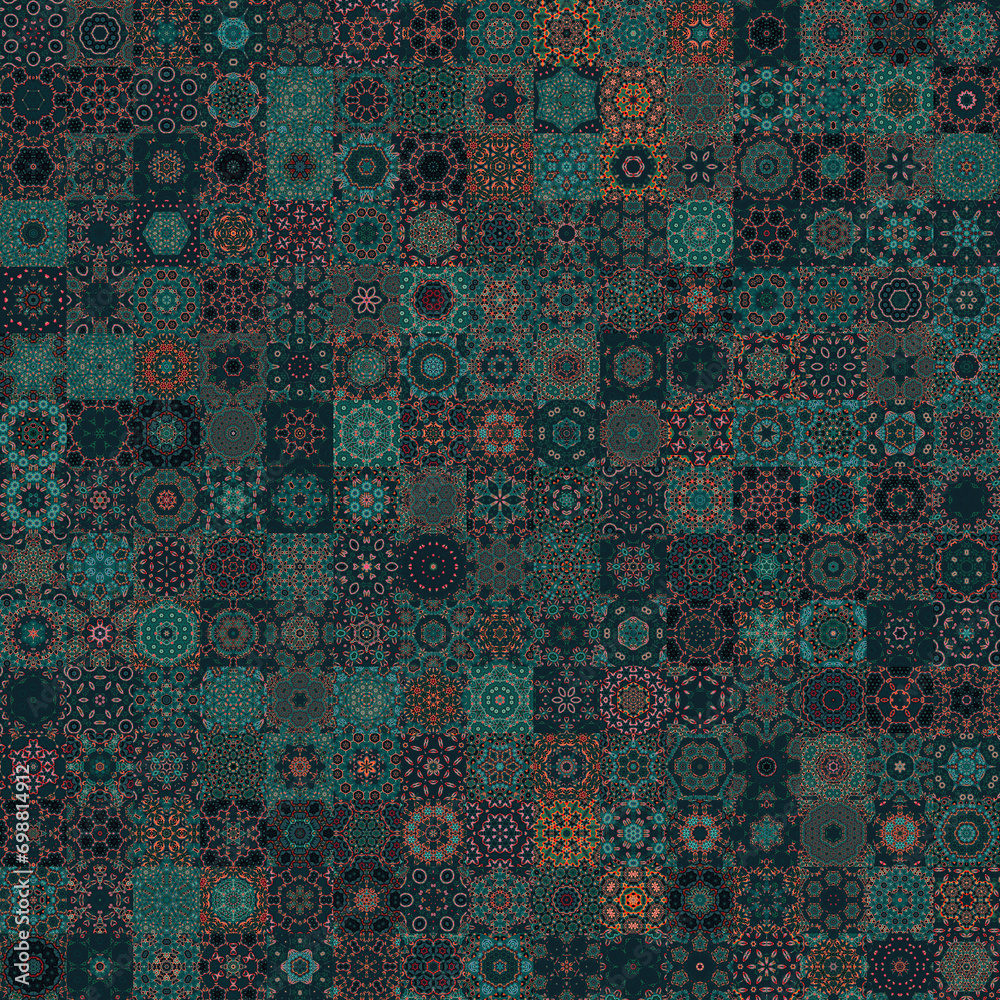 Aufkleber Dark turquoise green color tone floral geometric shapes vintage concept seamless pattern background.