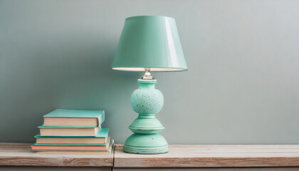 Pastel mint colored lamp on wooden desk with books, copy space on empty white wall