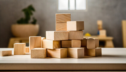 Pile of toy wooden blocks on table. Montessori toys background
