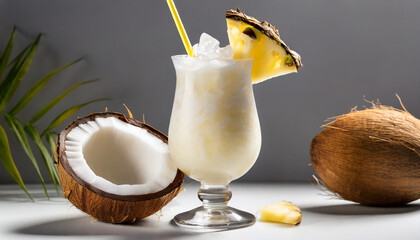 Pina colada coconut cocktail with ice on white background - obrazy, fototapety, plakaty
