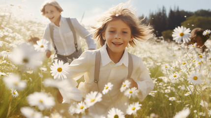  Laughing children running through a chamomile field in summer clothes - obrazy, fototapety, plakaty