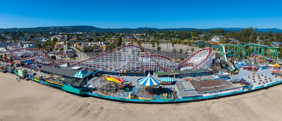 Aerial view of the amusement park in Santa Cruz beach town in California, USA.
