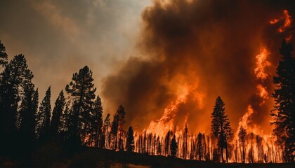 Trees engulfed by flames in the wild - fierce forest fire