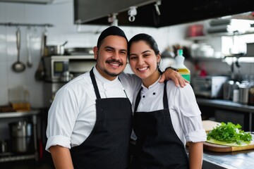 Smiling young hispanic couple posing at their restaurant kitchen - obrazy, fototapety, plakaty