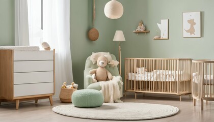 Minimalist pastel green child's room with wooden rocking baby chair