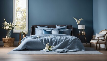 Light blue bedroom scene with bed, blue sofa, flowers, candles, and view of large window