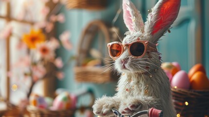 Cool Easter bunny with sunglasses on a bike.