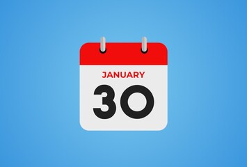 Icon calendar day. 30 January. 30th days of the month, illustration style. Date day of week Sunday, Monday, Tuesday, Wednesday, Thursday, Friday, Saturday. Winter holidays in January. 