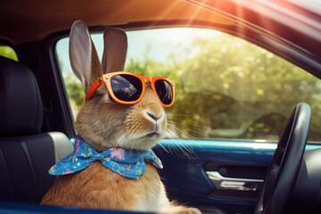 Cool Easter bunny in a car delivering Easter eggs.