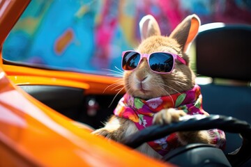Cool Easter bunny in a car delivering Easter eggs.