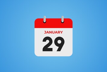 Icon calendar day. 29 January. 29th days of the month, illustration style. Date day of week Sunday, Monday, Tuesday, Wednesday, Thursday, Friday, Saturday. Winter holidays in January. 