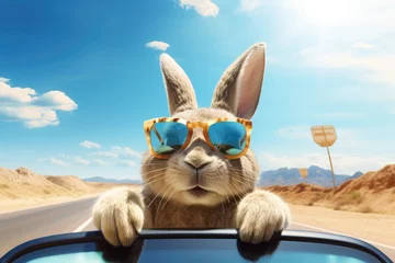 Poster de jardin Voitures de dessin animé Cool Easter bunny in a car delivering Easter eggs.