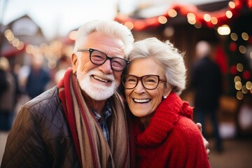 Happy elderly couple skiing at resort with blurred background and text space for creative placement
